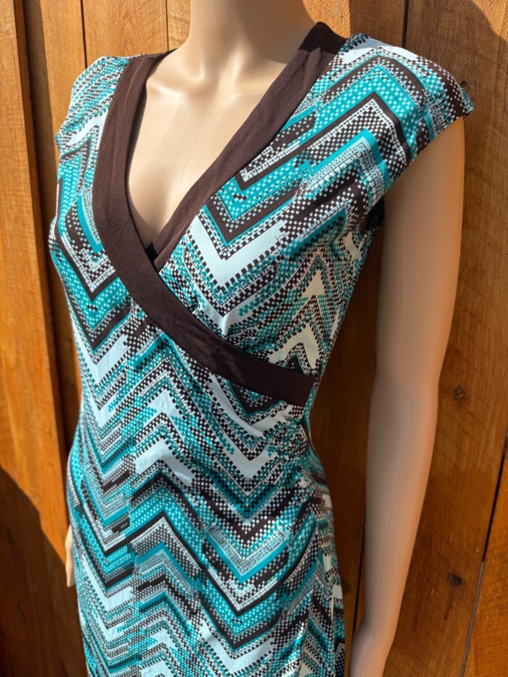 La Belle Turquoise Chevron Faux Wrap Asymmetrical Dress with Brown Trim - Large - Picture 4 of 13